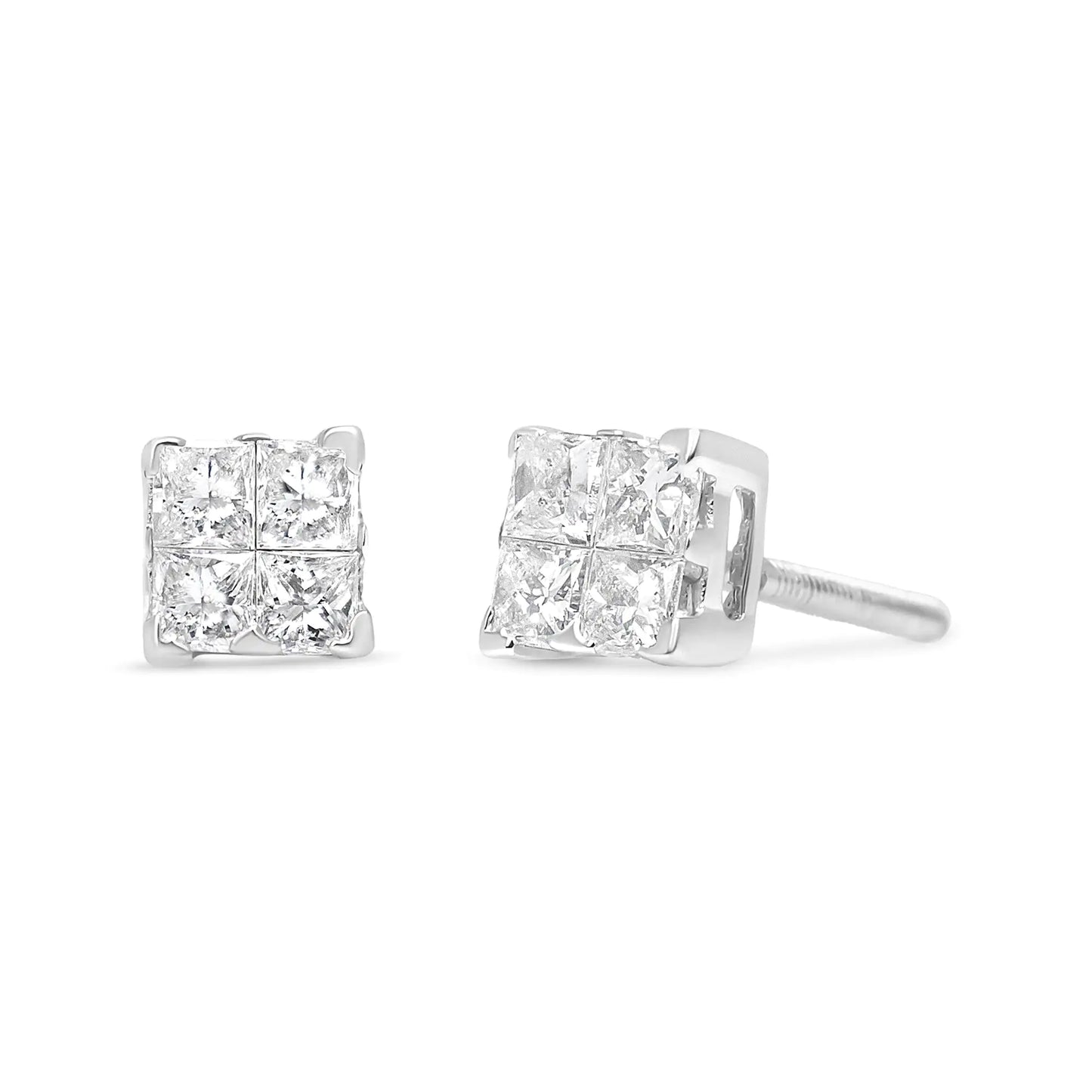 14K White Gold 1/2 Cttw Invisible-Set Princess Diamond Quad Cluster Stud Earrings (H-I Color, SI1-SI2 Clarity)