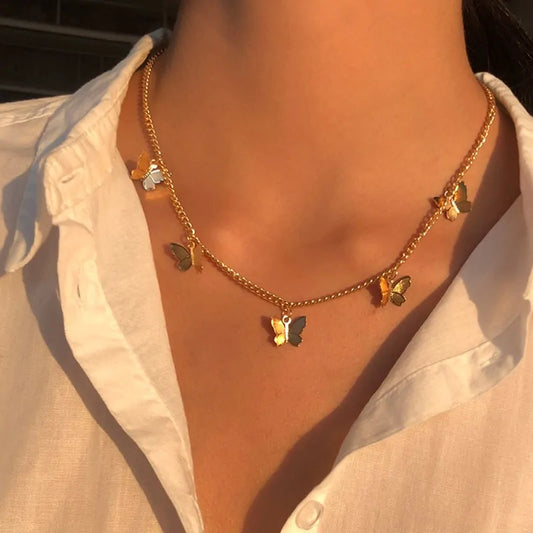 Gold Chain Butterfly Pendant Choker Necklace: Bohemian Beach Jewelry