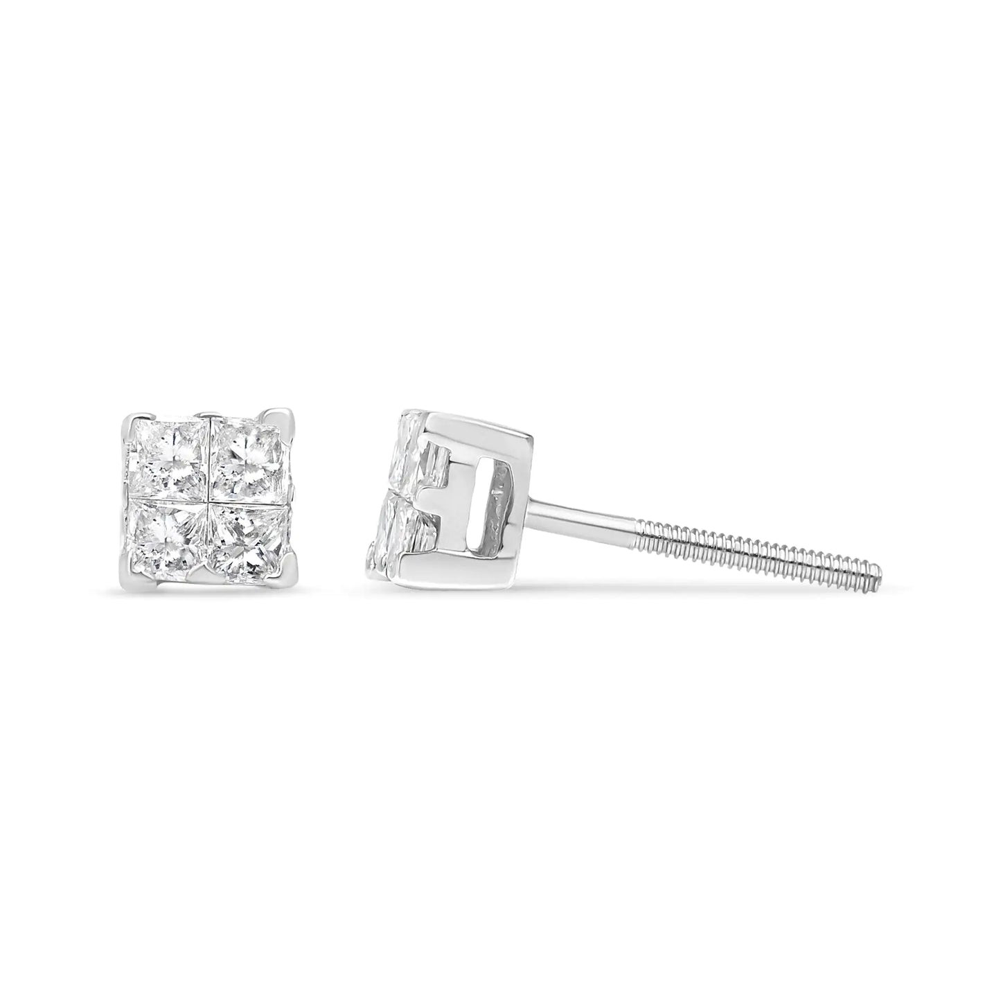 14K White Gold 1/2 Cttw Invisible-Set Princess Diamond Quad Cluster Stud Earrings (H-I Color, SI1-SI2 Clarity)